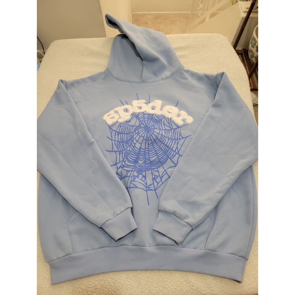 Sp5der Spider Web Men Rare Graphic Blue Pullover Hoodie Streetwear Young Thug XL